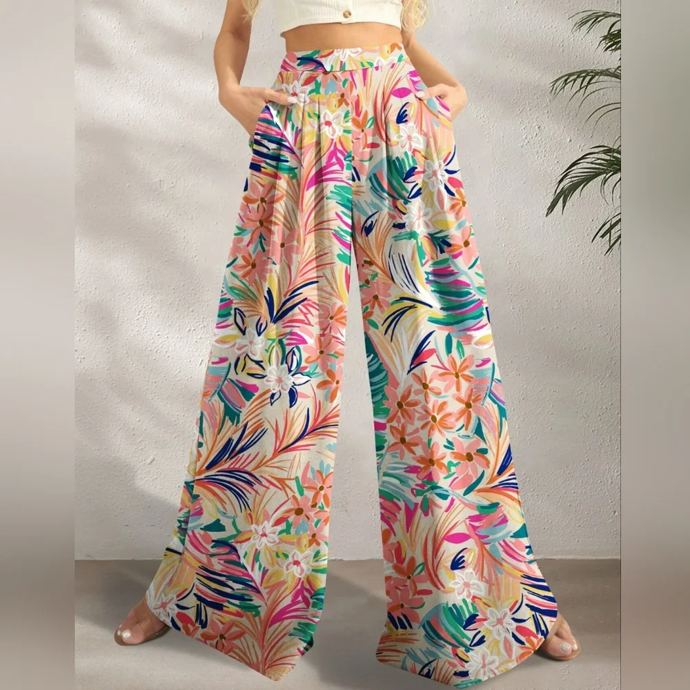 Tropical Leaf Print Wide-Leg Pants - Sherbet - Picture 4 of 4